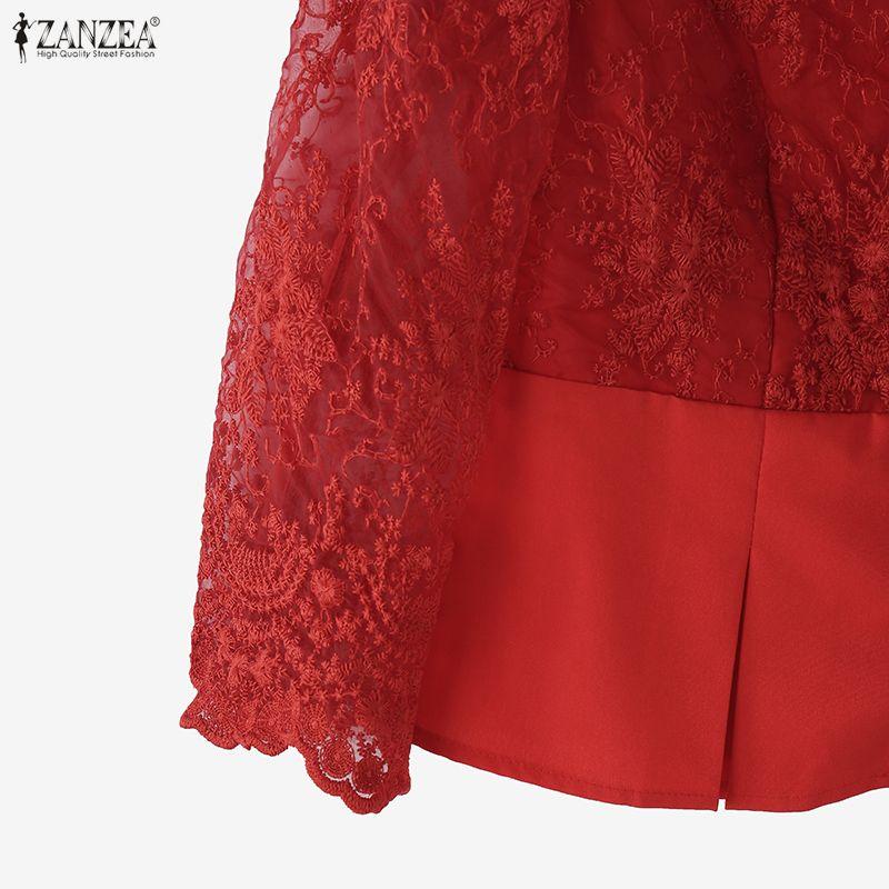 ZANZEA Damen Casual V-Ausschnitt 3/4-Ärmel Spitzen-Patchwork Slim Bluse