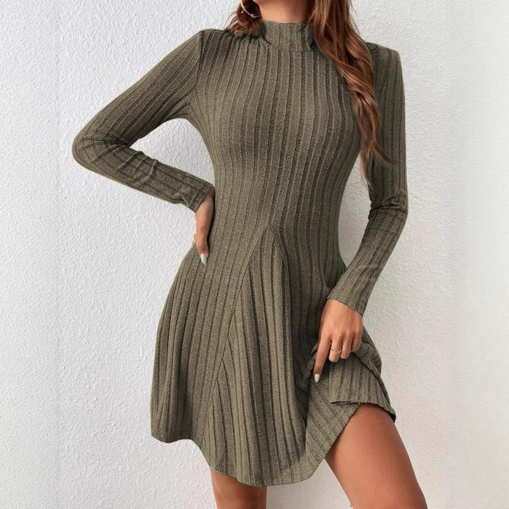 Long Sleeve Solid Rib-knit A-line Ruffle Dress, Casual Mock Neck, Women's Clothing