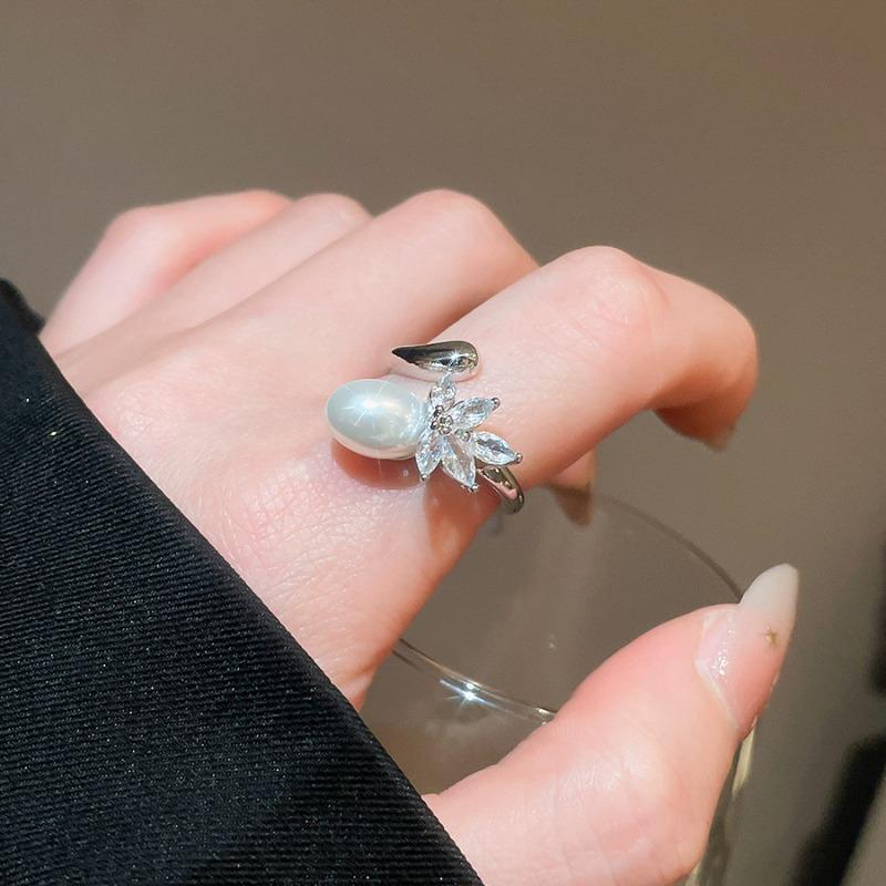 Cold wind zircon pearl opening ring Korean elegant temperament versatile index finger ring light luxury high-end jewelry women