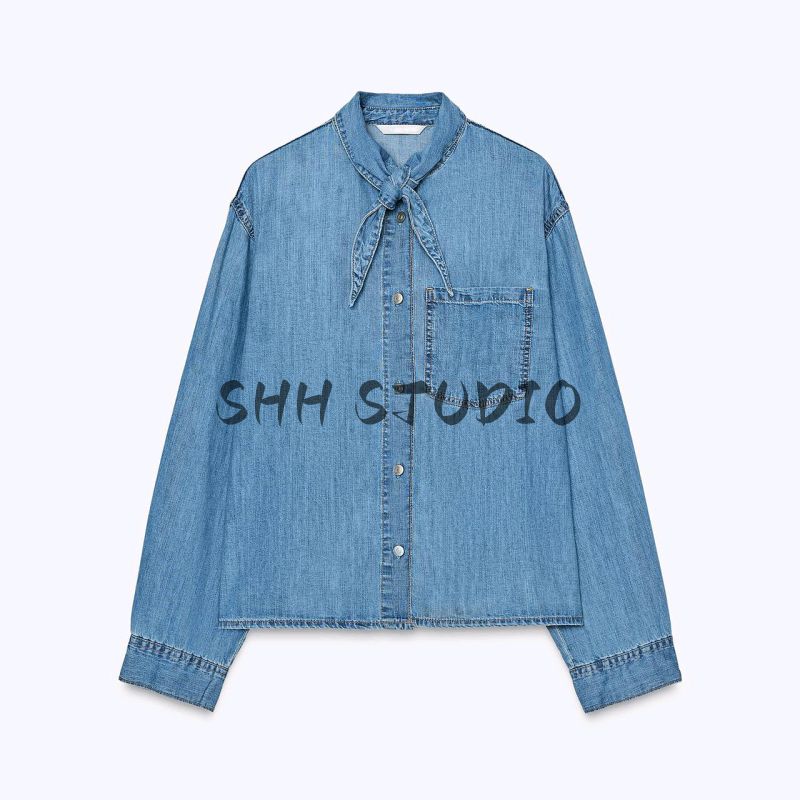 Spring New Women's Clothing French Pleated Design Shoelace Denim Long Sleeves Retro Lapels Shirt 8197061