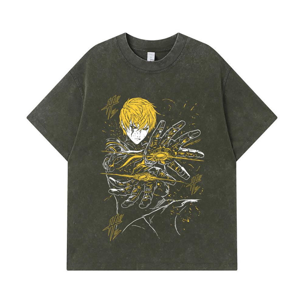 

275 GSM Washed T-shirts 100% Cotton One Punch Man V2 Genos Print Unisex Heavy Cotton T Shirt S армия зеленый