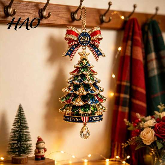 Crystal Diamond Tree Decor 250th Anniversary Christmas Ornament, 2D Acrylic Decor, Gold Edge Charms 1776-2026 Patriotic Commemorative Hanging