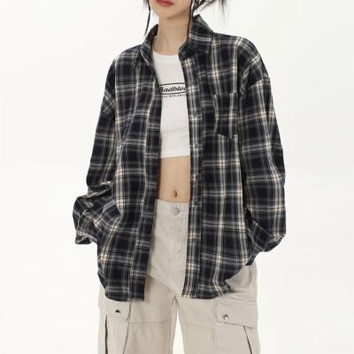 Retro Plaid Spring Versatile Women's Shirt Daily Casual Ladies Long Sleeved Blouse American Loose Lapel Top