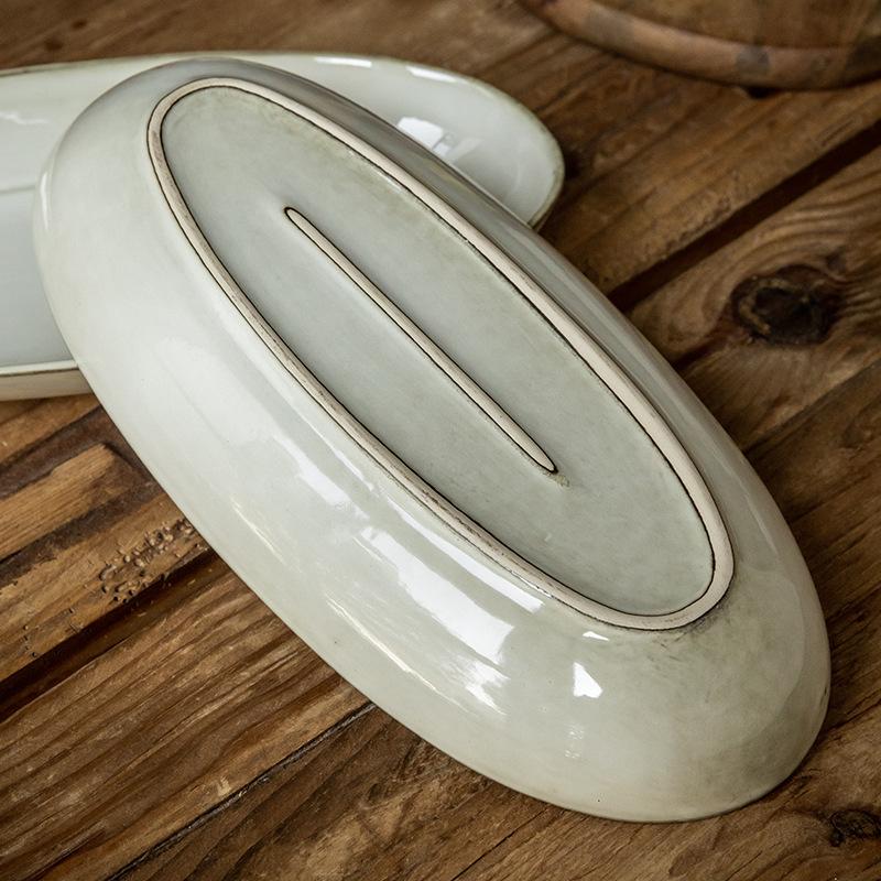 Retro Vintage Fish Plate 11 Inch Kiln-Changed Oval Steamed Fish Plate Household Ceramic Plate Japanese Material Plate Export