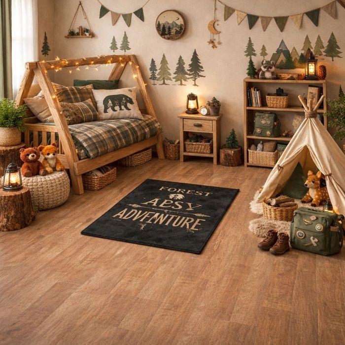 Tapis décoratif enfant - EDEN - Forest Adventure - Coton - 60 x 120 cm - Fond noir écriture blanche