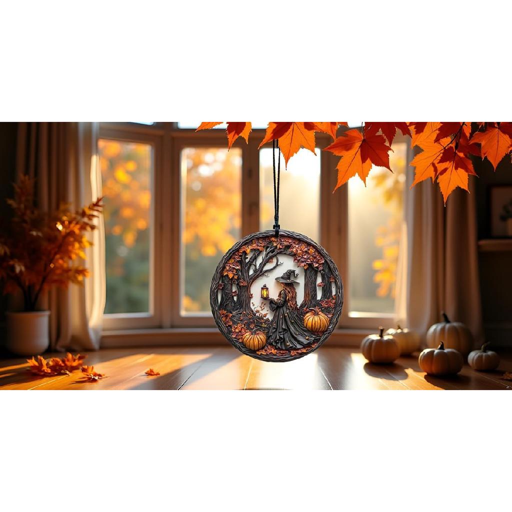 Halloween Stained Glass Window Ornament, Witch Scene with Pumpk, Acrylic Hanging Suncatcher, Round Wall Art Decor, Witchy Ornament for Home Friends