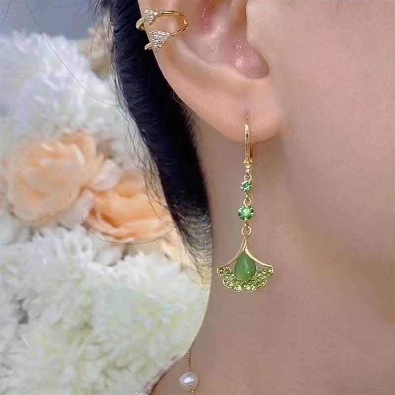 Elegant Green Jade Ginkgo Leaf Drop Earrings for Women - Long & Luxurious Design