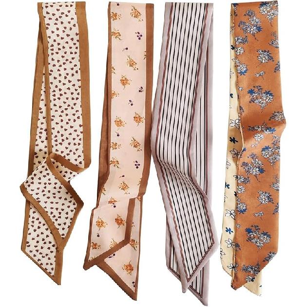 4PCS Hair Scarf Satin Head Scarf for Women Lightweight Silky Boho Scarves Purse Scarf for Handbags Accessories Mixed-beige-b