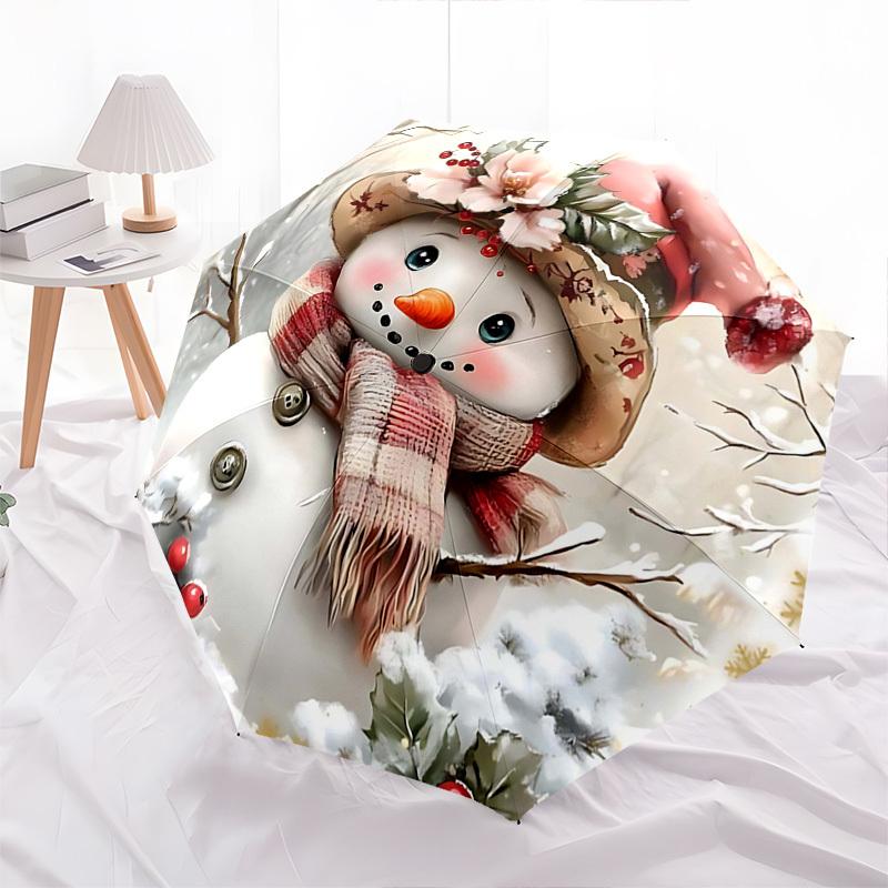 1pc Christmas Snowman Design Automatic Folding Umbrella, Portable 3-Fold Design with 8-Bone Iron Frame, Perfect for Fans, Travelers, Daily Use, Festiv