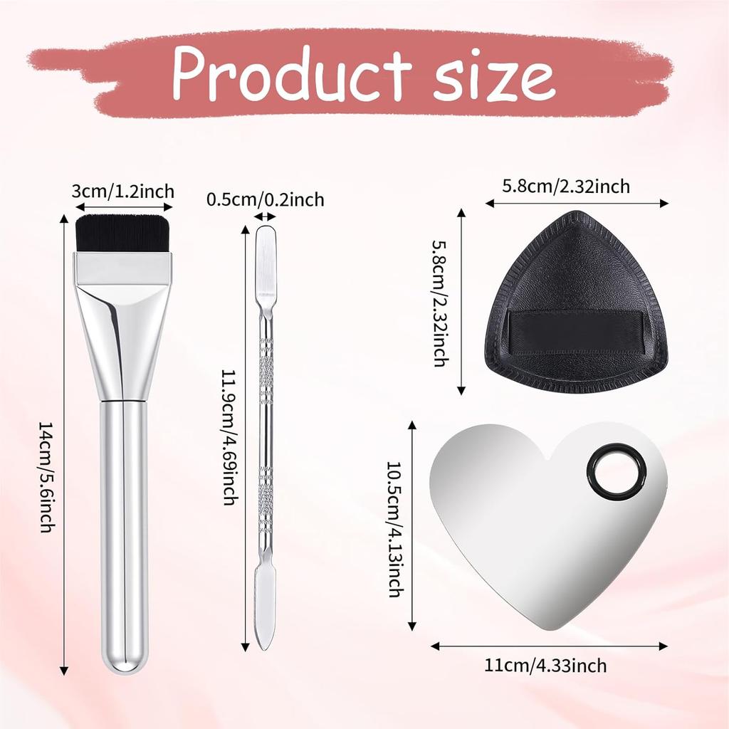 Makeup Mixing Palette Korean Set with Foundation Brush and Spatula, Professional Stainless Steel Heart Makeup Palette Reusable Beauty Tools for