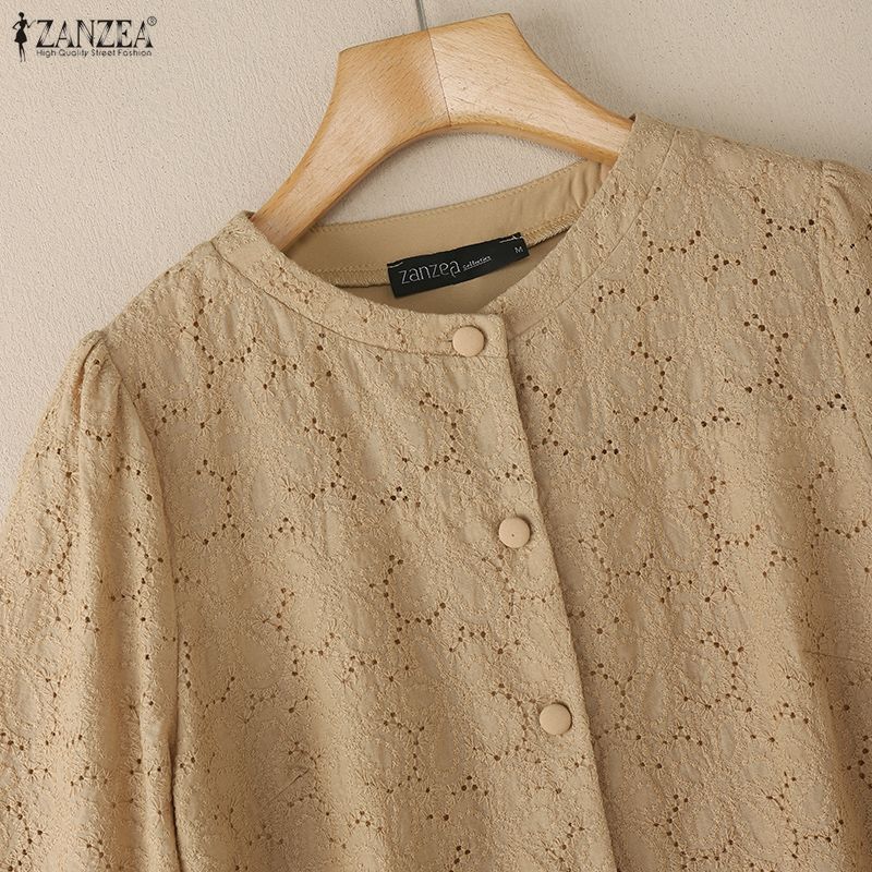 ZANZEA Women Casual Round Neck 3/4 Sleeve Lace Crochet Patchwork Loose Blouse