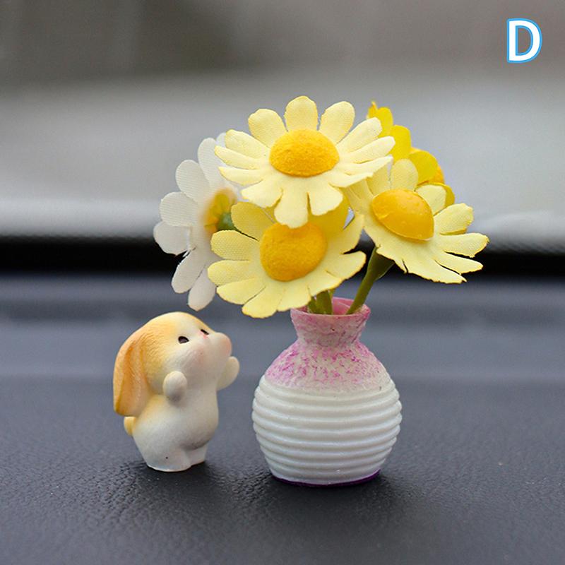 Cute Mini Bunny And Daisy Flower Vases Car Dashboard Decorations Fun Dashboard Ornament Kawaii Car Interior Accessories Rearview