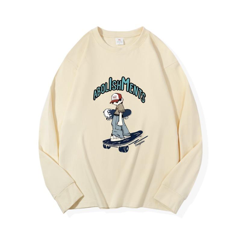 

Маленькая персона скейтбордная осенняя одежда с длинными рукавами из чистого хлопка, новый мужской и женский топ, весенний внутренний слой, базовая рубашка, круглый вырез XXL бежевый