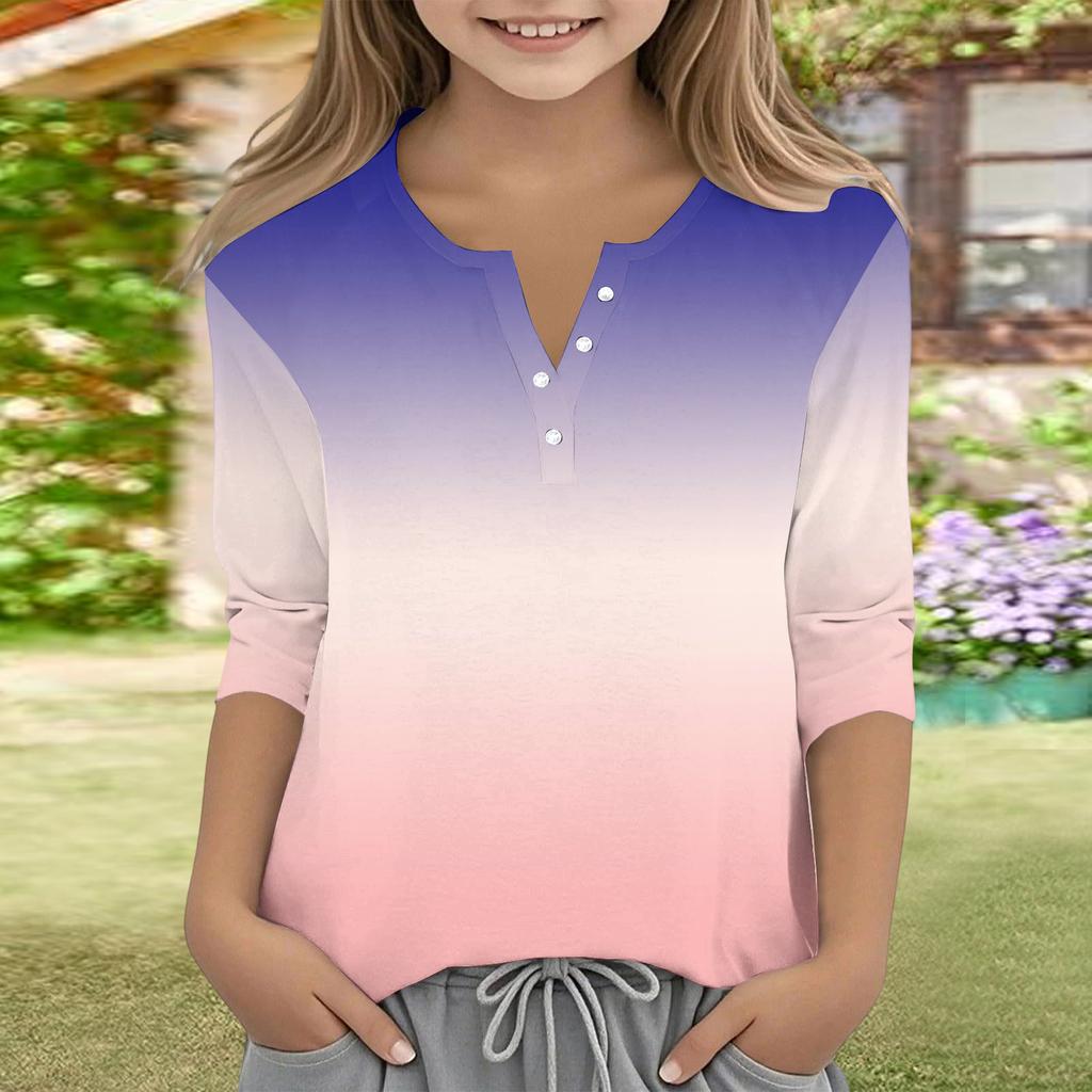 Print Tops For Youth Girls V Neck Button 3/4 Sleeves T-Shirts Trendy Tops Outfit Tees