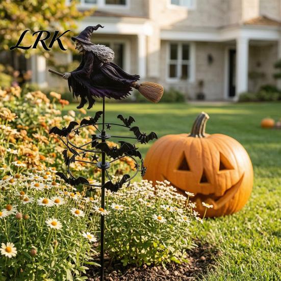 Halloween Garden Decor Witch Wind Spinner, Yard Art Metal Outdoor Accents Stake, Flying Spinner for Lawn Patio Pathway Fall Decoration Whimsical