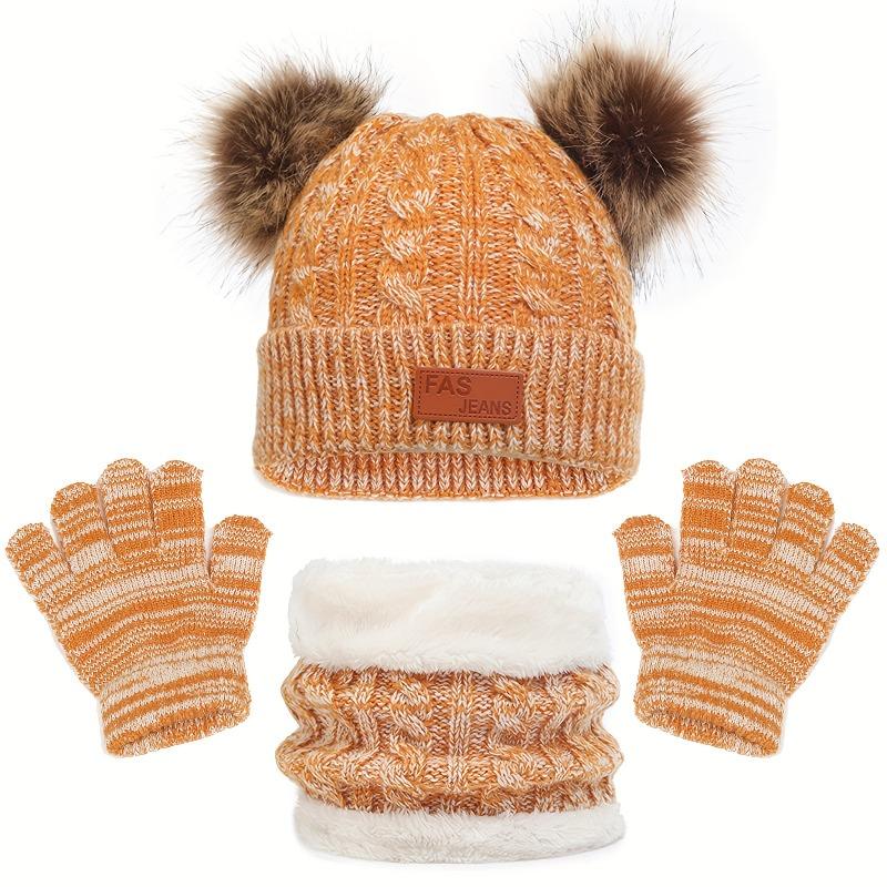 3Pcs/Set  Kids Winter Beanie Hat Scarf Gloves Warm Suit For Children 1-8 Years Old Girls Boy Warm Double Pompoms Knited Cap