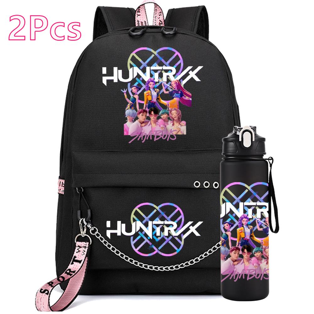 2Pcs/set Anime Cute Kpop Printed Backpack with 750Ml Water Bottler for Teenager Girl Boy Bookbag Kid Gift Large Capacity Travel Bag Rucksak