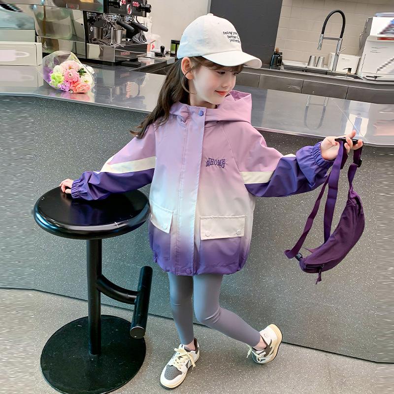 

Girls Fashion Coat Spring and Autumn Children Hooded Windbreaker Jacket 130cm фіолетовий