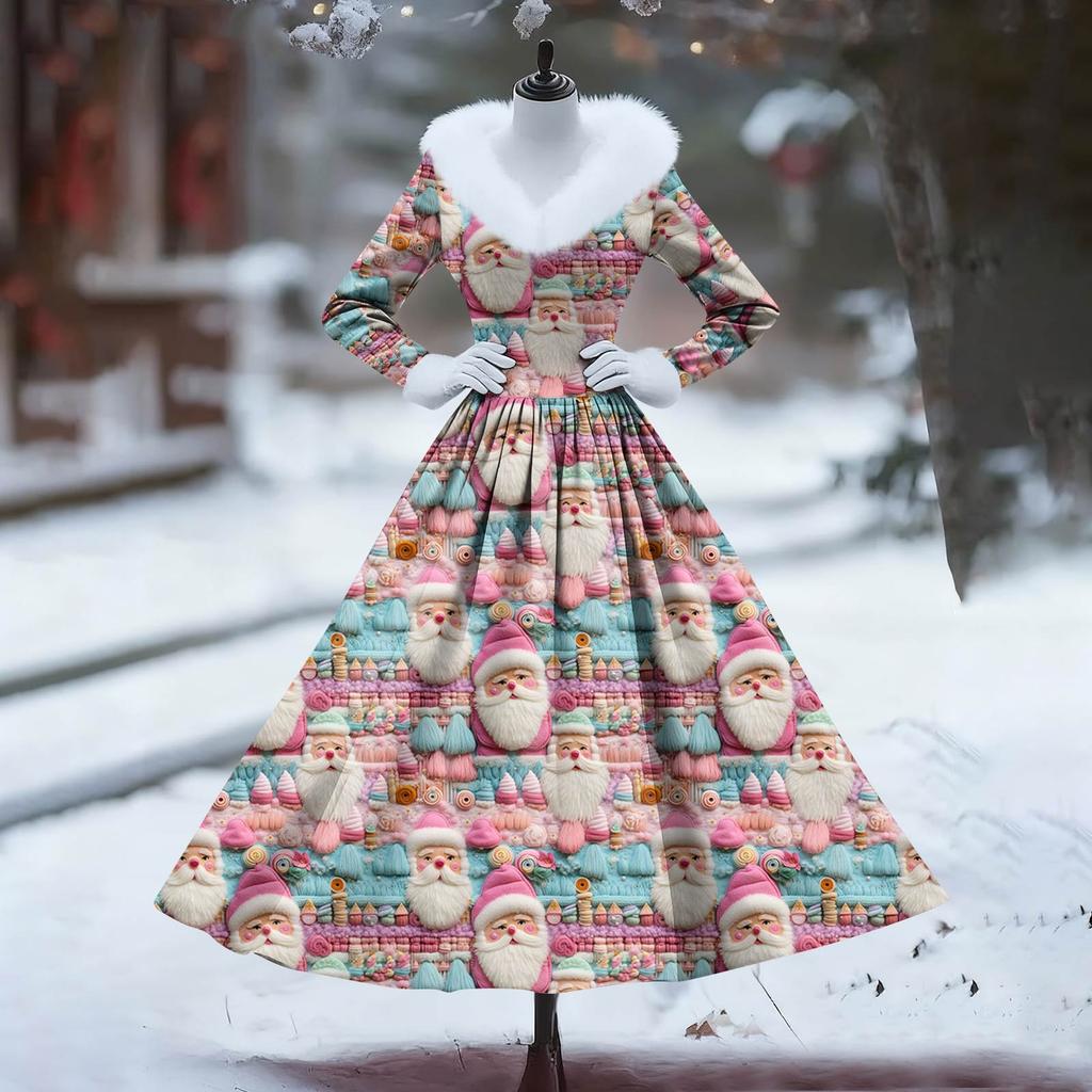 Women's Casual Dress Long-Sleeve V-Neck Patchwork Fleece Christmas Print Dress