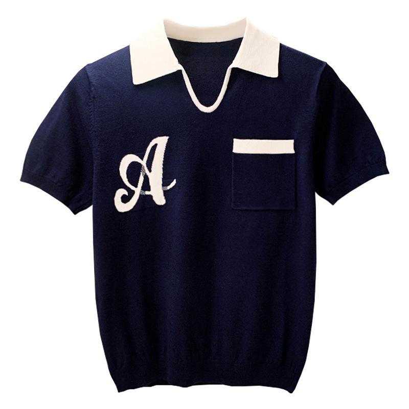 

Трендовая мужская трикотажная рубашка-поло с цветными блоками и V-образным вырезом — европейский и американский стиль 3XL темно-синий