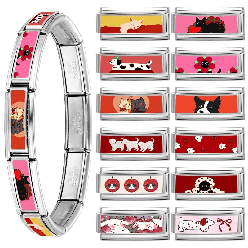 New Women's Gift Cute Rabbit Cat Dogs Italian Charms Links Beads Fit 9mm Stainless Steel Modular Modular Bracelet Jewelry