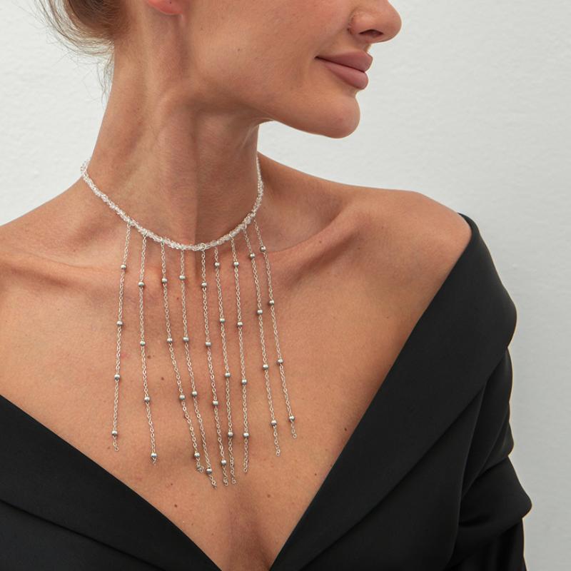 Trendy Pentagram Star Heart-Shaped Tassel Pendant Necklace Creative Multi Layer Imitation Pearl Choker