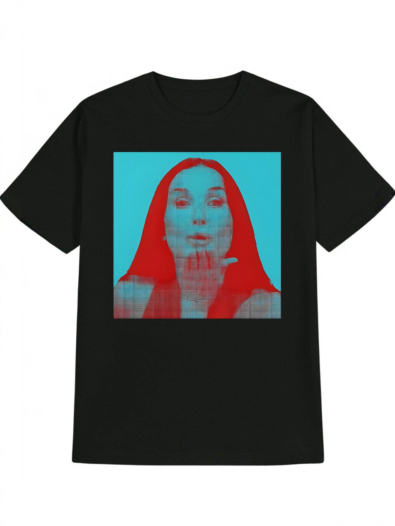Casual Round Neck T-shirt with Pixelated Woman Print - Black XXL