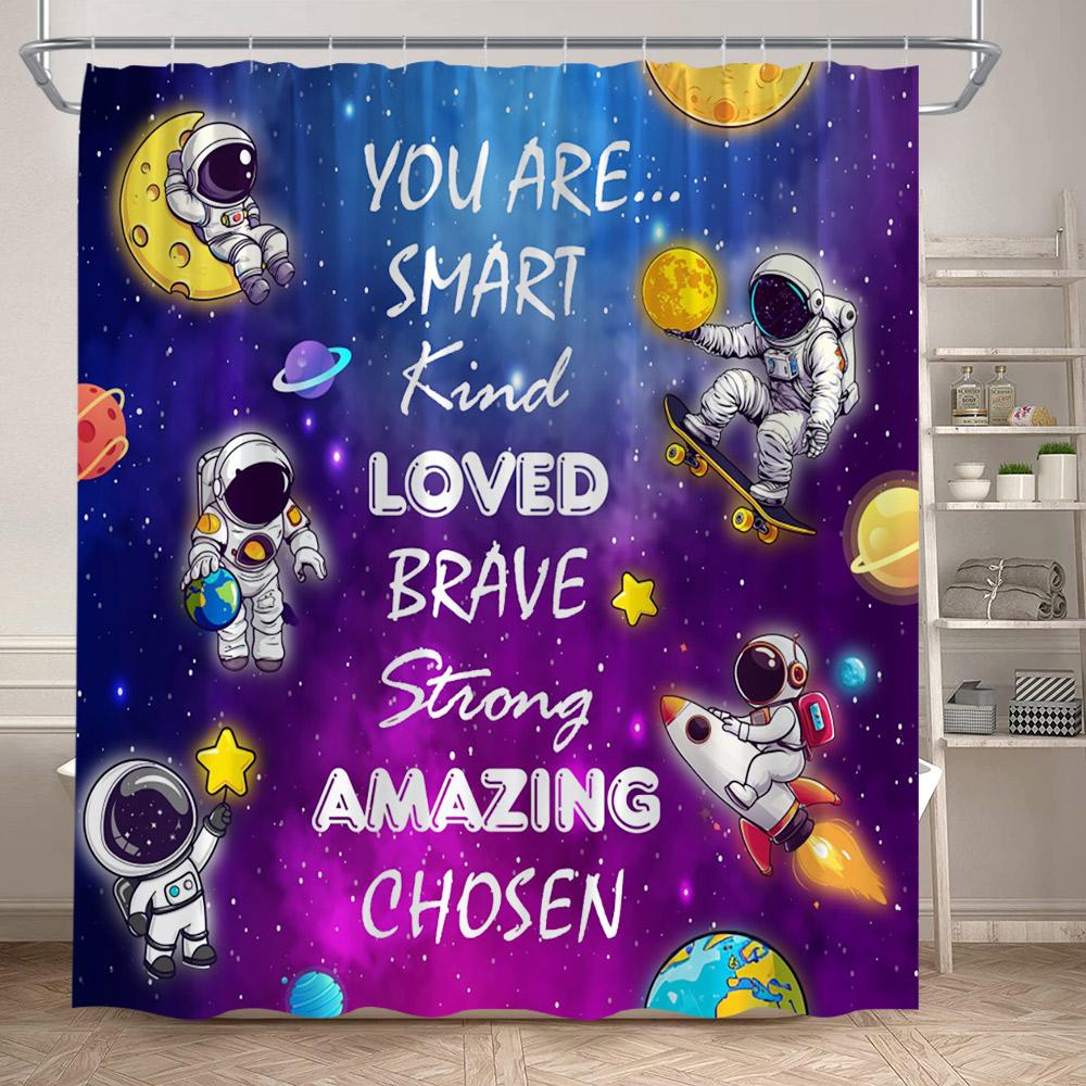 Kids Outer Space Funny Shower Curtains Astronaut Quotes Cartoon Galaxy Planets Child Cute Rocket Art Printed Home Bathroom Decor
