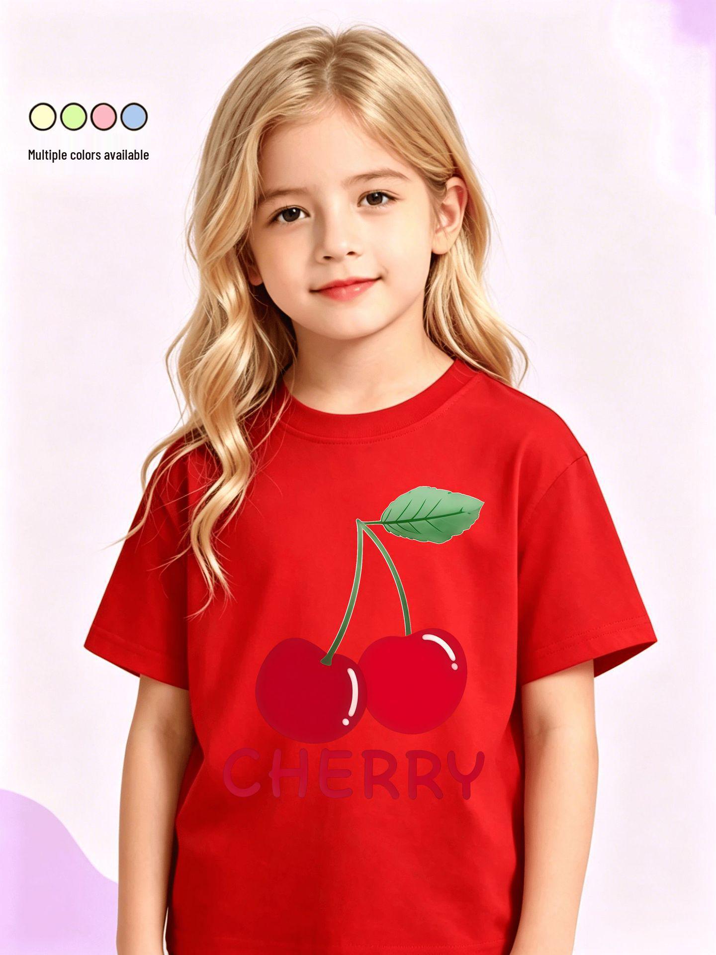 Sweet Cherry Kids Cherry Print Cotton T-Shirt - Girls Short Sleeve Summer Top, Round Neck 140 cm