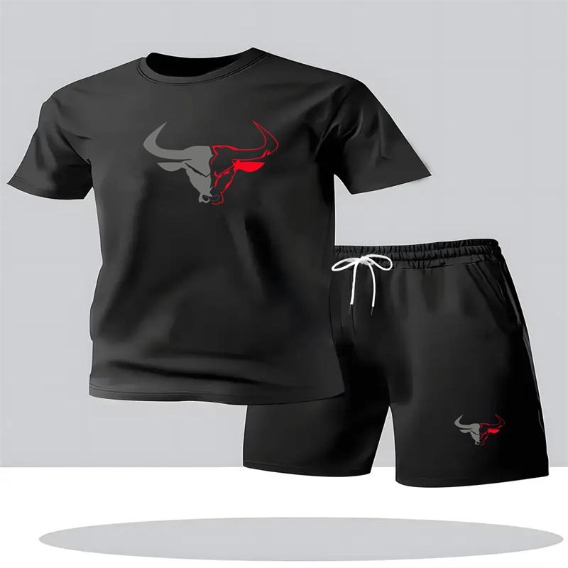 Fashionable summer men s round neck short sleeved T-shirt and shorts two-piece outdoor casual sports men s short sleeved set S