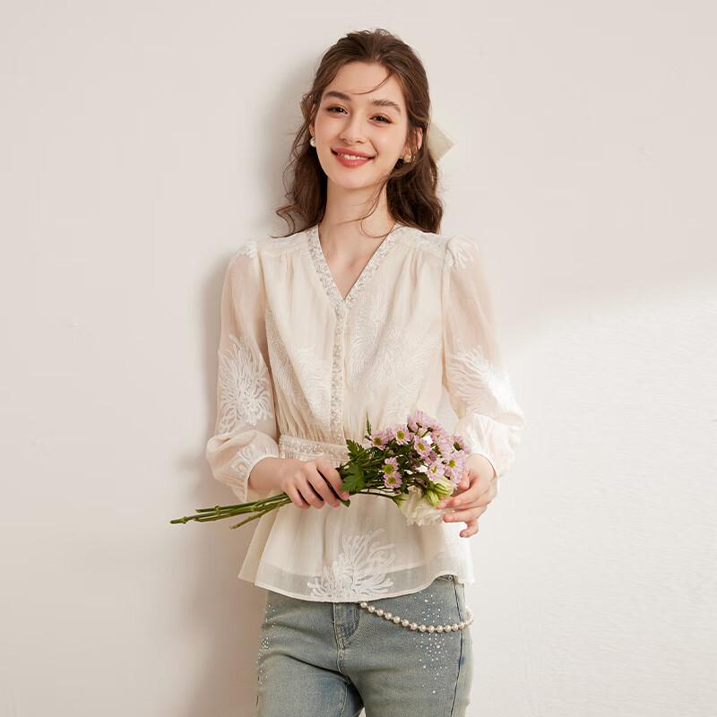 Bailuyu Women's V-Neck Embroidered Sequin Lace Slim-Fit Shirt