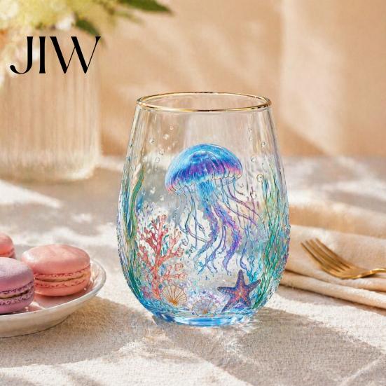 Unique Aesthetic Water Juice Whiskey Tumbler Ocean-Themed Glass Cup, Jellyfish/Dolphins/Sea Turtles/Octopus Hand-Painted, Thickened Drinking Versatile