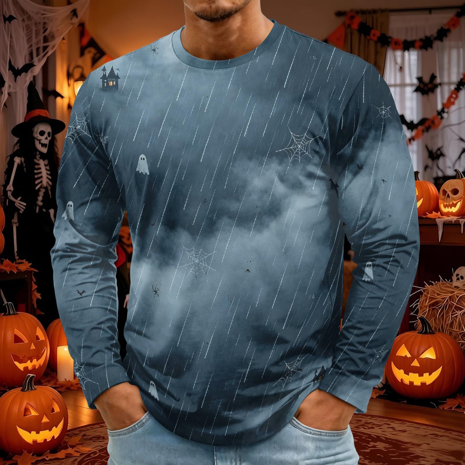 Men s Halloween Print Long Sleeve Neck T-Shirt for Party and Casual Wear XXXL