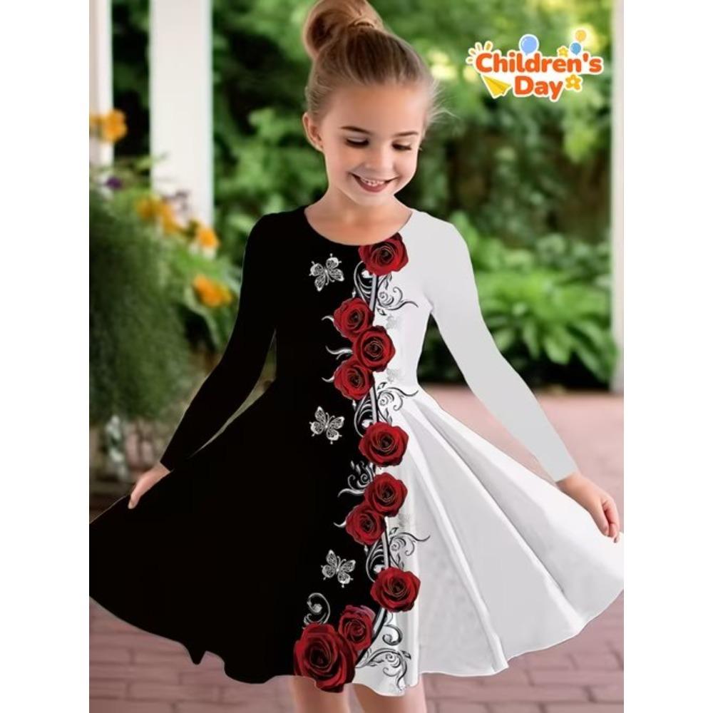 Vestido Casual para Niña con Estampado de Flores 3D, Cuello Redondo y Mangas Largas, Vestido de Princesa para Niña