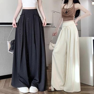 Dámské kalhoty s vysokým pasem, nastavitelnou šňůrkou, oversized, široké nohavice, jednobarevné, design s třpytkami, volnočasové kalhoty