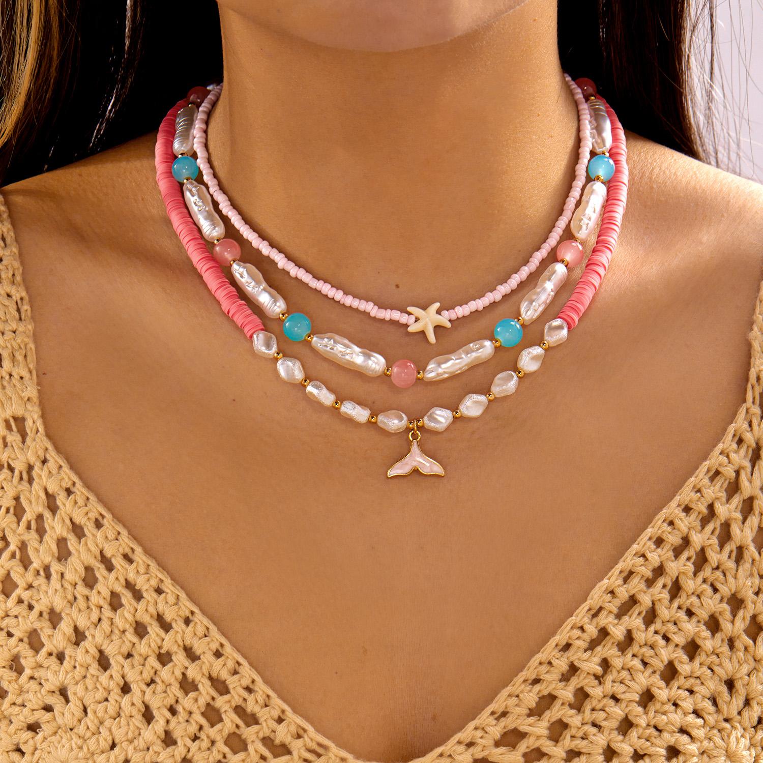 Bohemian Ocean 3Pcs Necklace Set For Women Fish Tail Starfish Pearl Polymer Clay Beaded Summer Jewelry