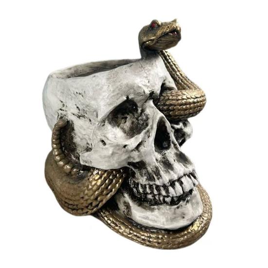 Skull Snake Figurine Small Resin Snake Skeleton Head Sculpture Gothic Tabletop Decoration for Halloween Party Bar Office Desk Ornament