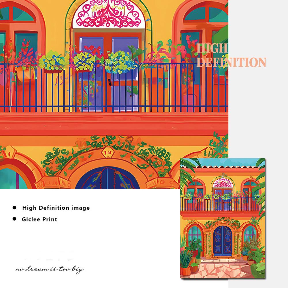 Wall Art Pictures Mexican Hacienda Print and Poster Mexico Traditional Courtyard Travel Illustration Canvas Painting Home Decor