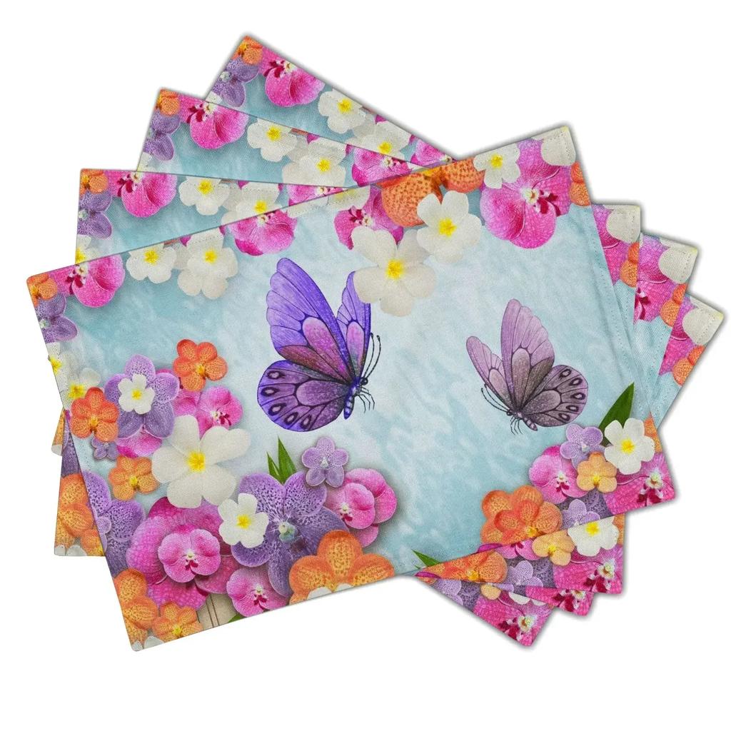 1PC Flowers Butterfly Table Pad Entomology Watercolor Table Mats Rectangle Durable Placemat Heat Insulation Burlap Kitchen Mat