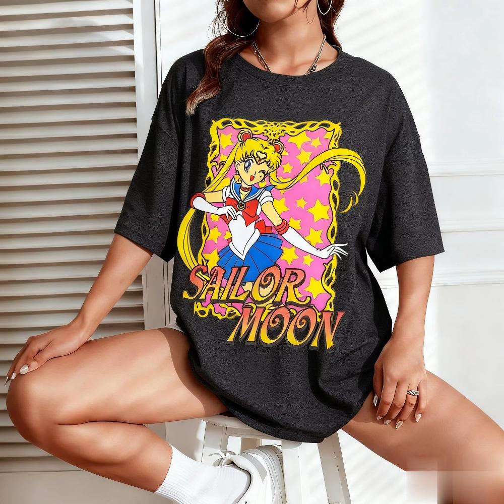 Summer Sailor Moon Graphic Tshirt Unisex Women Anime Print Short Sleeve Tee Oversized Casual Fashion Y2k Clothes Cotton