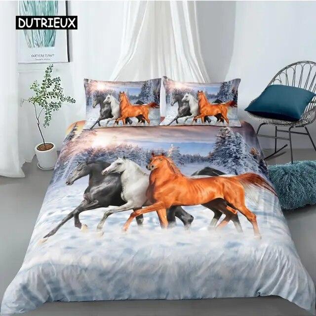 Horse Duvet Cover Set Twin King Size Galloping Steed Bedding Set Microfiber 3D three piece set Farm Animals Rustic Country Style Comforter Cover