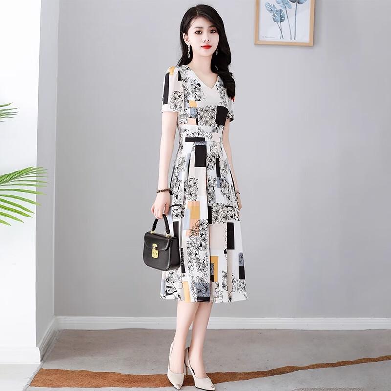 Elegant Plus Size V-Neck Printed A-Line Midi Dress 3XL