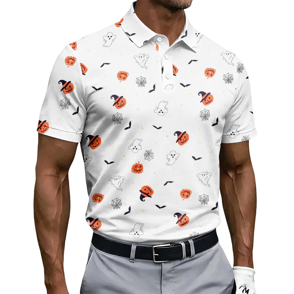 Men's Short Sleeve Halloween Printed Button Shirt, Casual Graphic Top