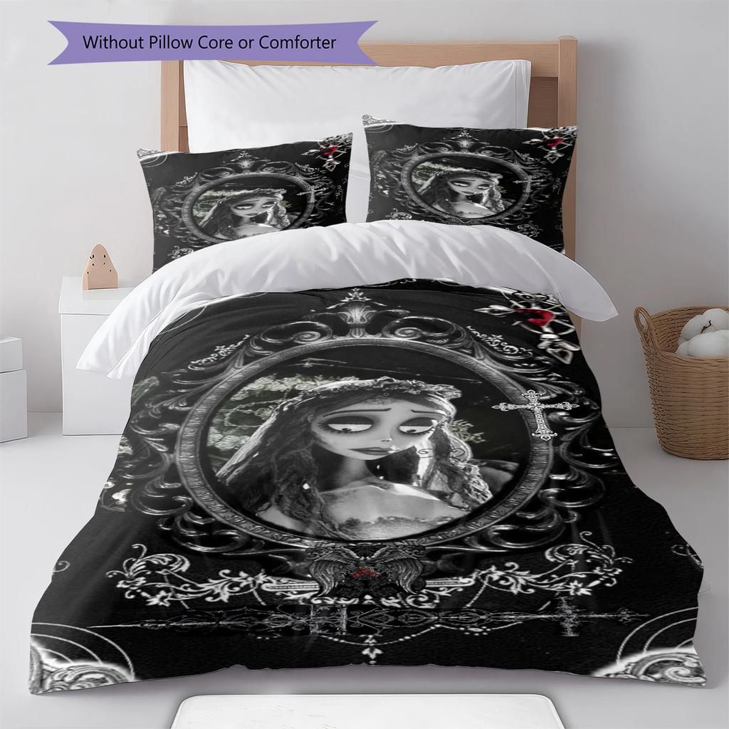 Corpse Bride Cartoon Pattern Bedding Quilt Set Quilt Cover Pillowcase Home Decoration Gift (1 * Duvet Cover + 2 * Pillowcase, Without Core)