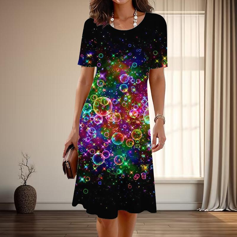 Damesmode Gracieuze Sterrenprint Zomer Lente Korte Mouw O-Hals Casual Jurken