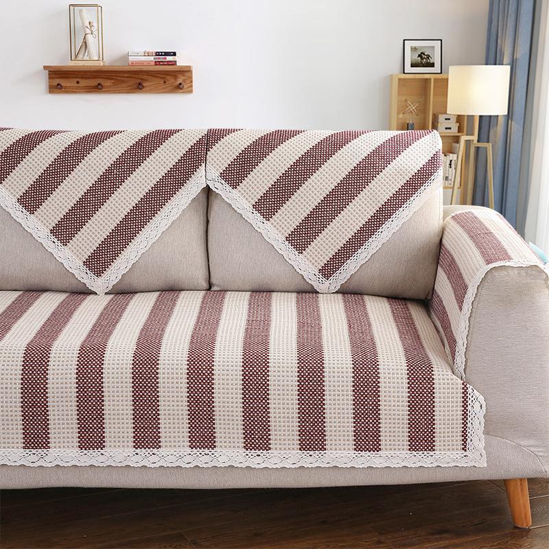 Striped Cotton and Linen Sofa Cushion for All Seasons, Non-slip Thickened Linen, Simple Modern Solid Wood Fabric Sofa Towel Cover