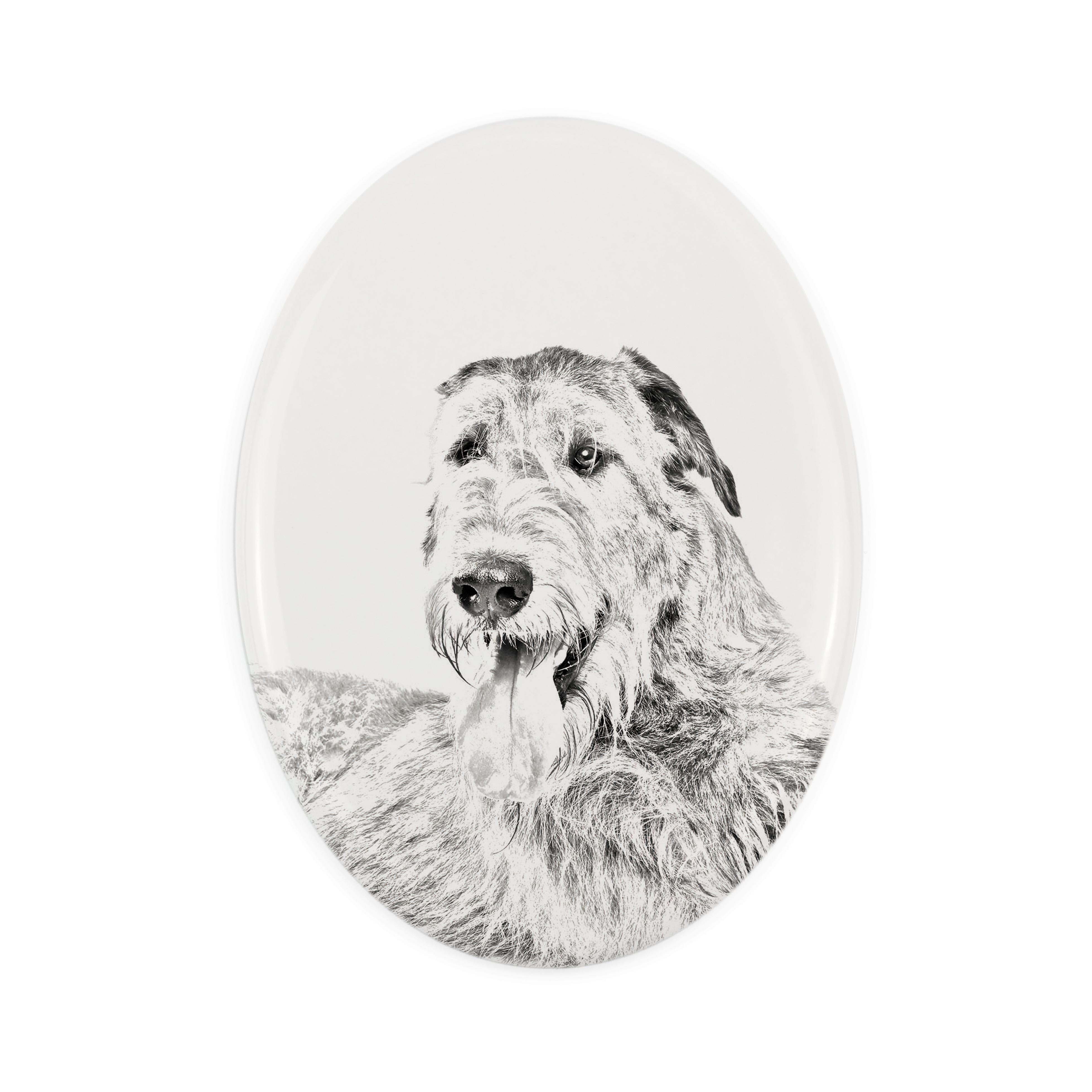 

Irish Wolfhound - commemorative plaque with a photo of a dog, tombstone with a print, personalized oval plaque from the Art-Dog brand білий