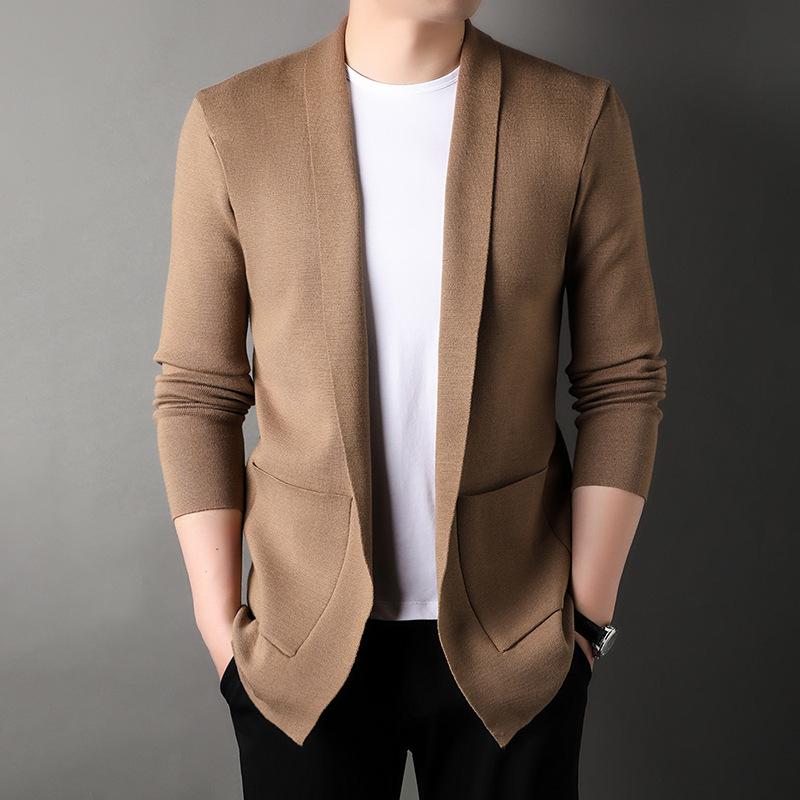 Autumn Mid-length Solid Color Men's Cardigan Suit Collar Knitted Jacket Young and Middle-aged Men's Loose Sweater Loose