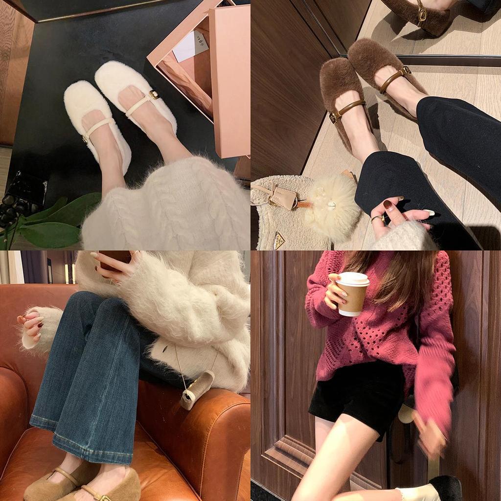 Wool Version~ French Gentle Inner Height Increase One-word Buckle Mary Jane Shoes Women's Autumn and Winter New Fluffy Shoes Velvet Single Shoes
