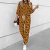 Women Retro Pattern Print Two Piece Outfit, Long Sleeve Crew Neck Top & Drawstring Jogger Pants Casual Tracksuit for Spring Autumn